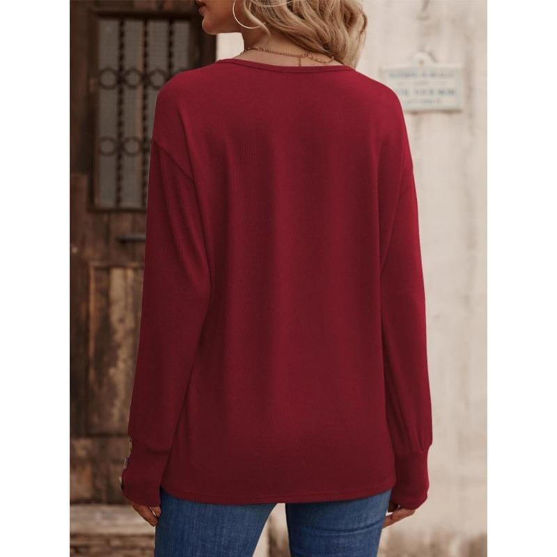 Solid Color V-neck Loose Long-sleeved T-shirt Button-down Top