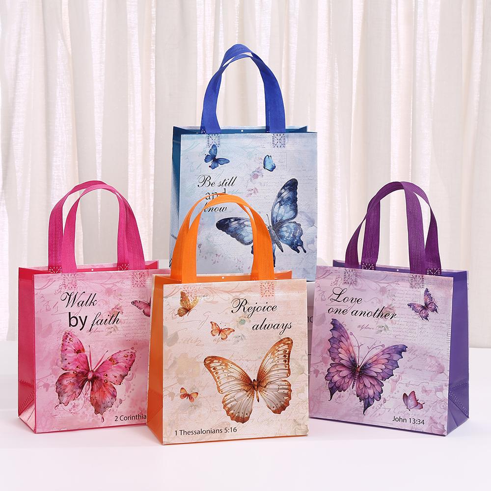 12/30pcs Butterfly Print Non Woven Tote Bags Laminated Waterproof Shopping Bags Reusable Gift Bags for Party Favor Packaging
