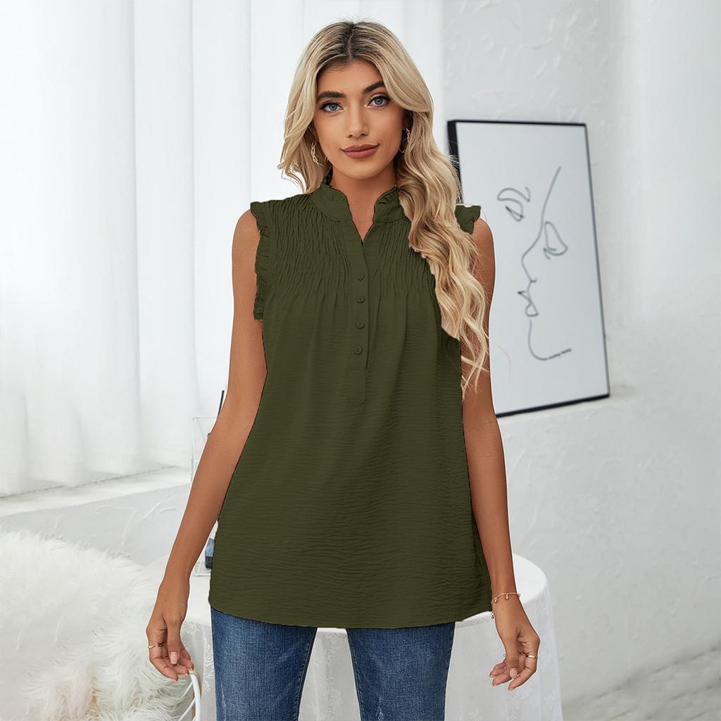 Women's Fashion Casual Printed Mock Neck Lace Panel Button Sleeveless Vest T-shirt Top Summer