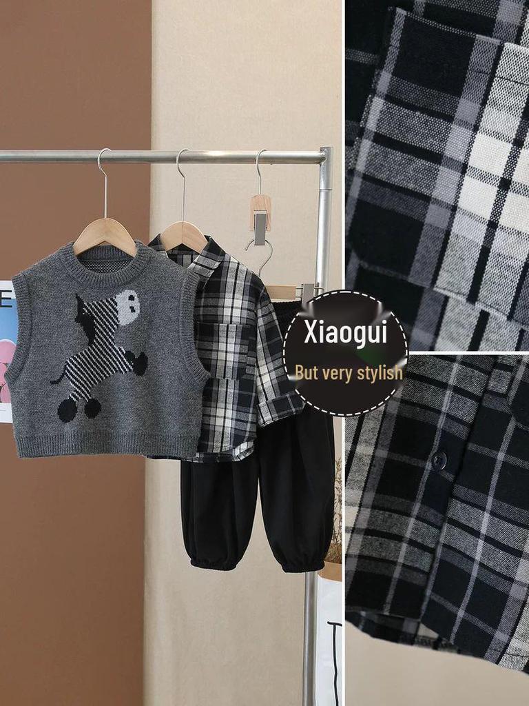 Boys' Trendy Fall 2025 Sweater Vest Outfit - Handsome 3-Piece Set for Spring & Autumn