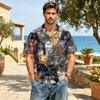 Herren Freizeit Hemd Kurzarm Leinen Baumwolle Mischung Button-Down Kragen Leichtes Sommer Top mit Katzenmuster Druck Entspannte Passform