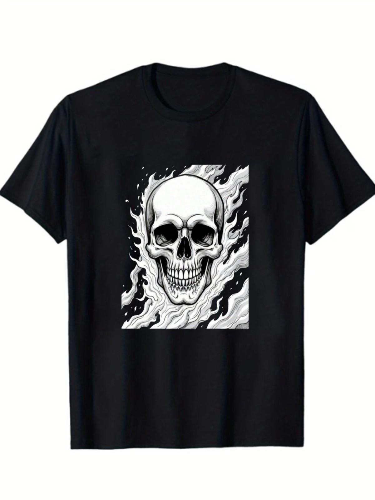 Men s Gothic White Skull and Flame T-shirt Short Sleeve S