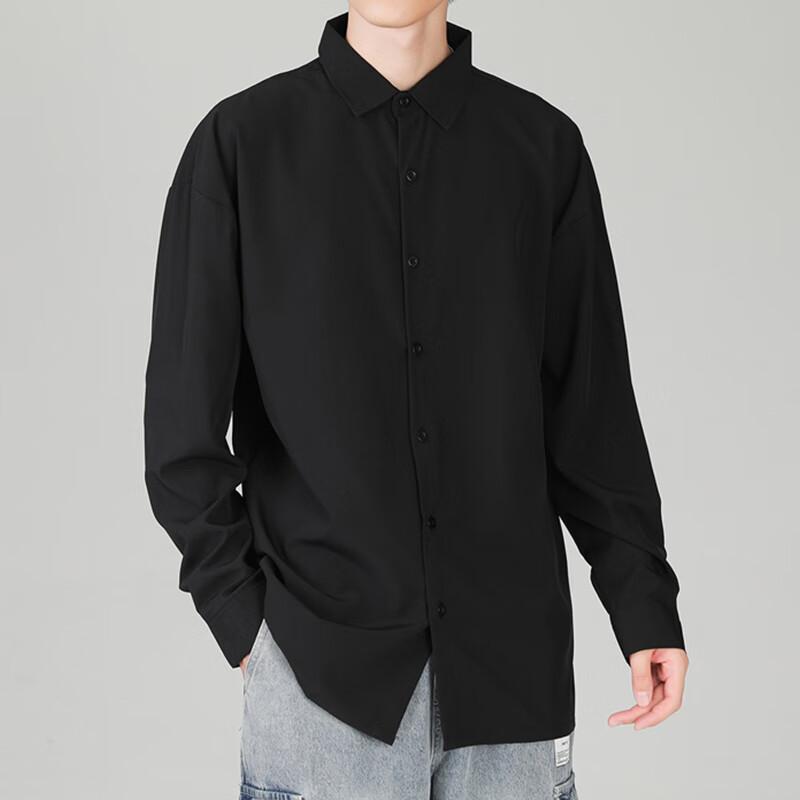 Mianzhi Men's Solid Color Long-Sleeve Draping Shirt, Hong Kong Style Casual Trendy Simple Top, Black, 3XL