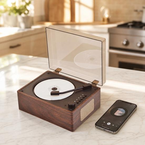 Retro Bærbar Musikafspiller med Højttaler, Bluetooth-kompatibel Skrivebordsafspiller med Fjernbetjening til Hjemmet, Understøtter USB/Type-C