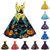 Women Halloween Print Dress Sleeveless Spaghetti Strap Fit and Flare Dress Vintage Style Party Dress with Ghost and Pumpkin Patterns