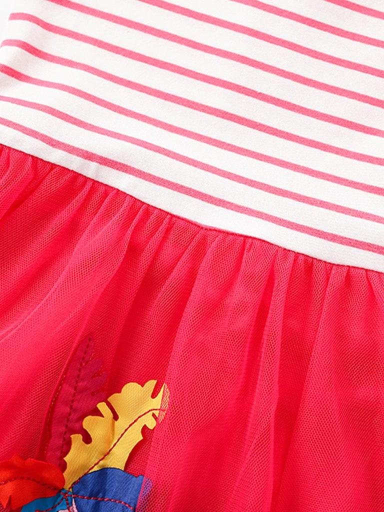 Girls' Cartoon Elephant Embroidered Striped Mesh Dress - Spring/Summer Short Sleeve