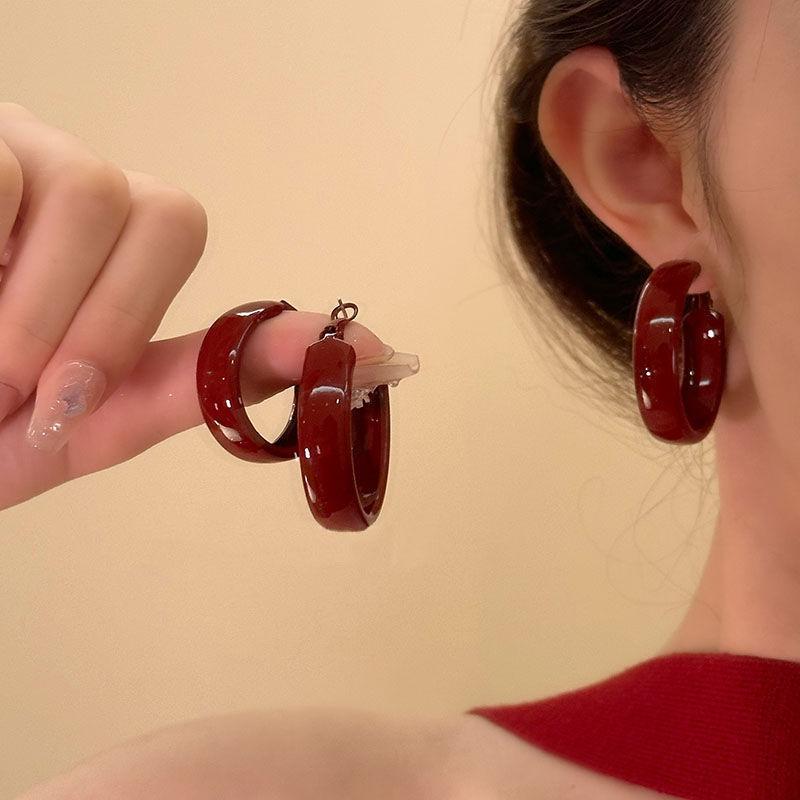 Vintage Red Large Small Circle Hoop Earrings for Women Simple Geometric Round Glossy Huggie Earrings Party Jewelry Gift