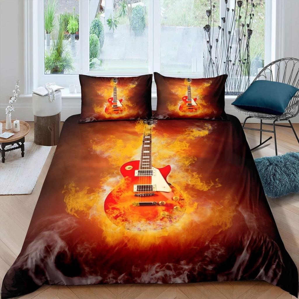 Guitar Duvet Cover Twin,Modern Music Themed Bedding Set Kids Cool Hip Pop Inspired Bed Cover,Musical Instrument Comforter Cover