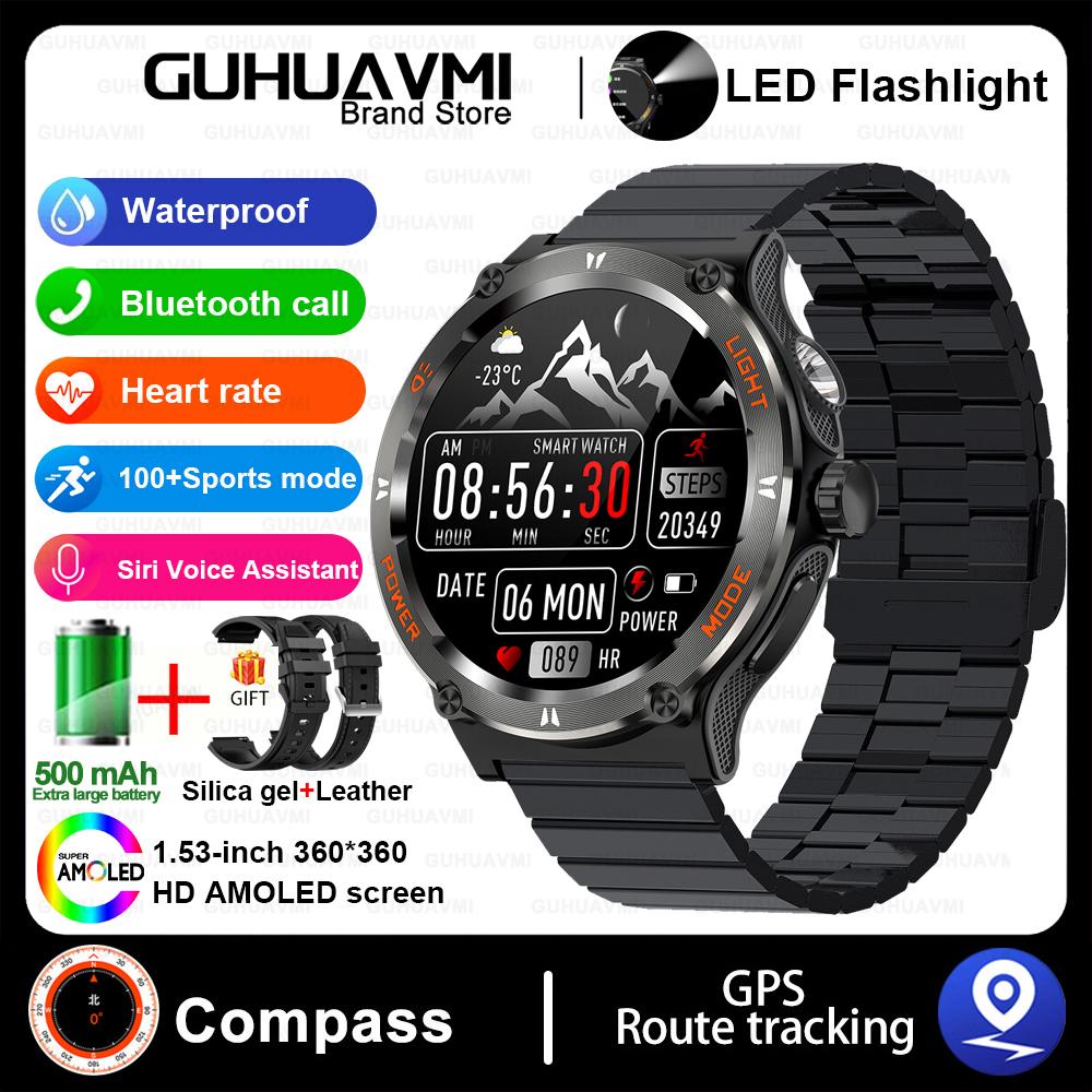 Outdoor Military Smart Watch Men LED Strong Light AMOLED Screen Heart Rate Compass Bluetooth Call 3ATM Waterproof Smartwatch