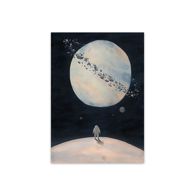 

Плакат с Сатурном и Луной, космическая Вселенная, планета, астронавт, холст, картина, мультяшные настенные художественные фотографии для детской комнаты, современный домашний декор 21*30cm