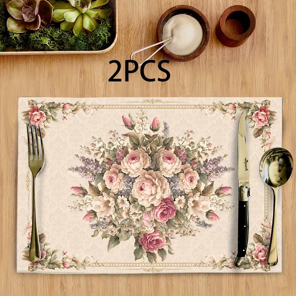 Set di 2/4 Tovagliette Floreali Vintage, Decorazione Floreale Primavera Estate, Tessuto in Poliestere, Antiscivolo E Resistente Al Calore, Lavabile in Lavatrice, Durevole - Mano