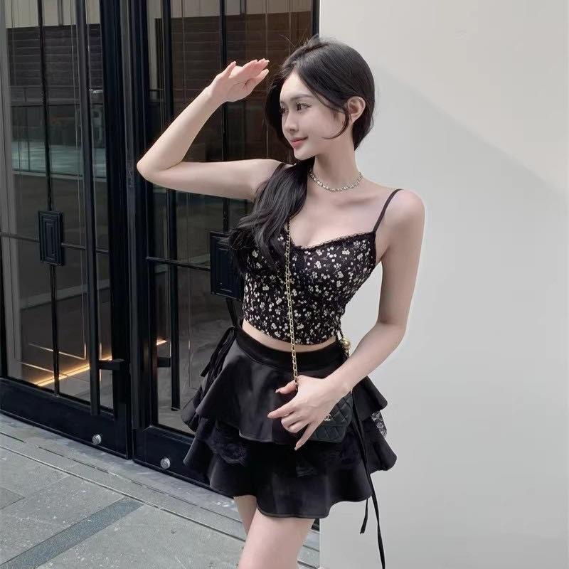 #Summer new sexy wind lace sling vest women's floral printing slim fit fixing belt chest pad