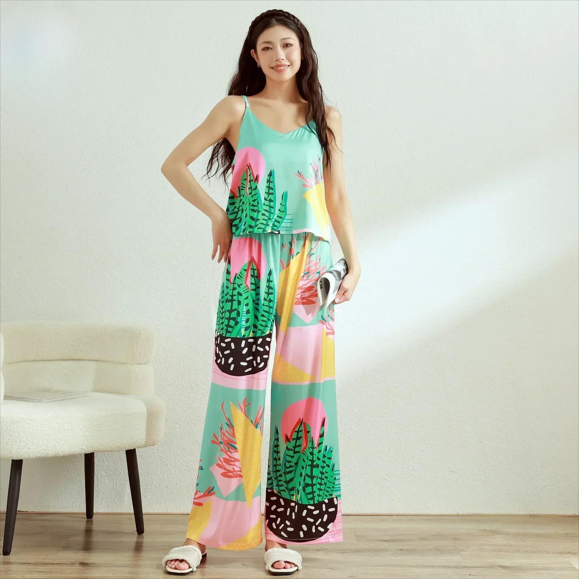 

Новый французский женский комплект пижамы Ice Silk Printed со средним рукавом, с эксклюзивным дизайном, домашний костюм с лацканами Ins Style, пижама XXXL