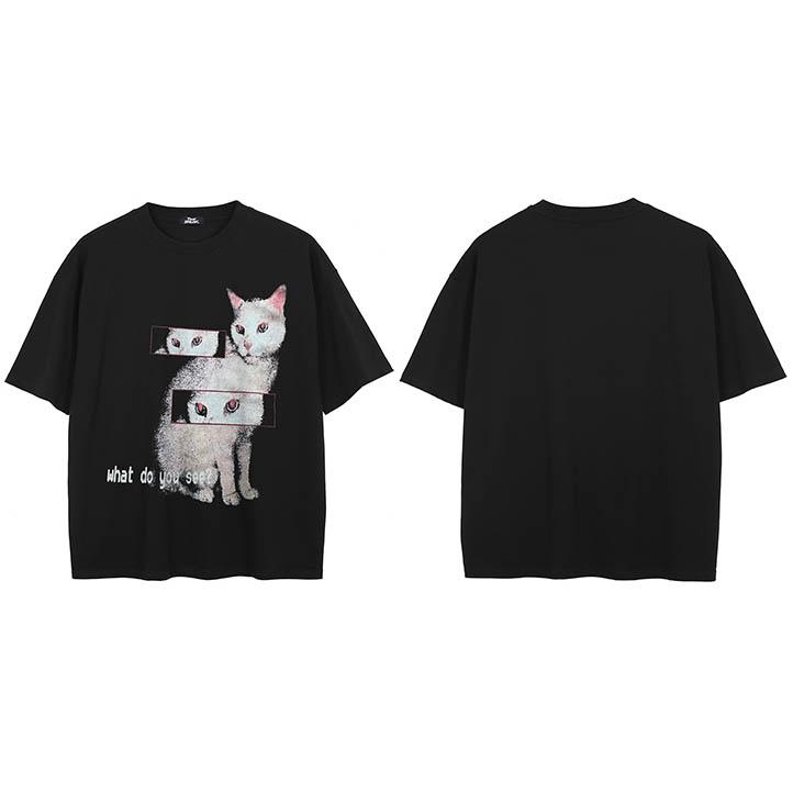 Hip Hop Faded Black TShirt Streetwear Animal Graphic T Shirt Cat Eyes Printed Men Tshirt  Cotton Tops Tees Hipster