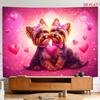 2D Flat, [2D Plane Printing] 1 Large Size/small Size Pattern Printed Tapestry- Yorkie Dogs, Hearts, Pink Background, Bows, Love Theme., Room Wall Deco