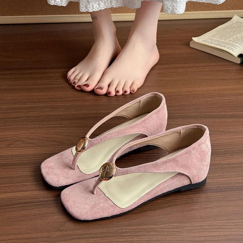 5Cm inner height increase metal round button toe sandals female 2025 summer new purple fairy style herringbone cool slippers