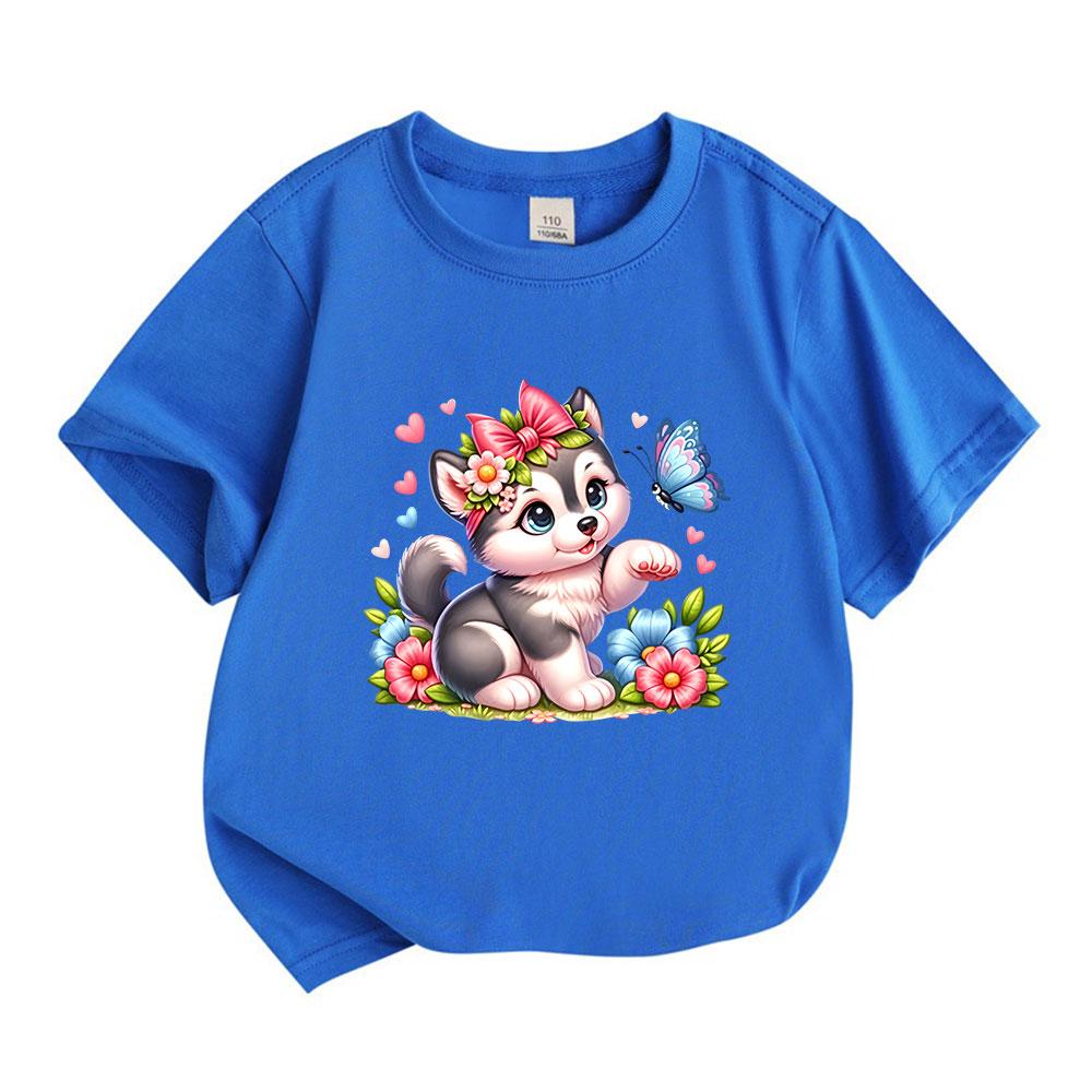 Kids Boys Girls 100% Cotton Crew Neck Short Sleeve T-Shirt, Cute Husky Puppy with Bow Flower Butterfly Print Casual Soft Summer Tee Tops for Children
