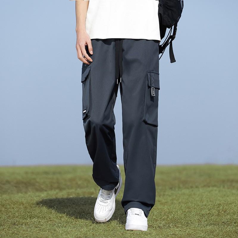 Mens Loose Straight Fit Cargo Pants Lightweight Workwear Trousers With Drawstring Waist Multiple Pockets