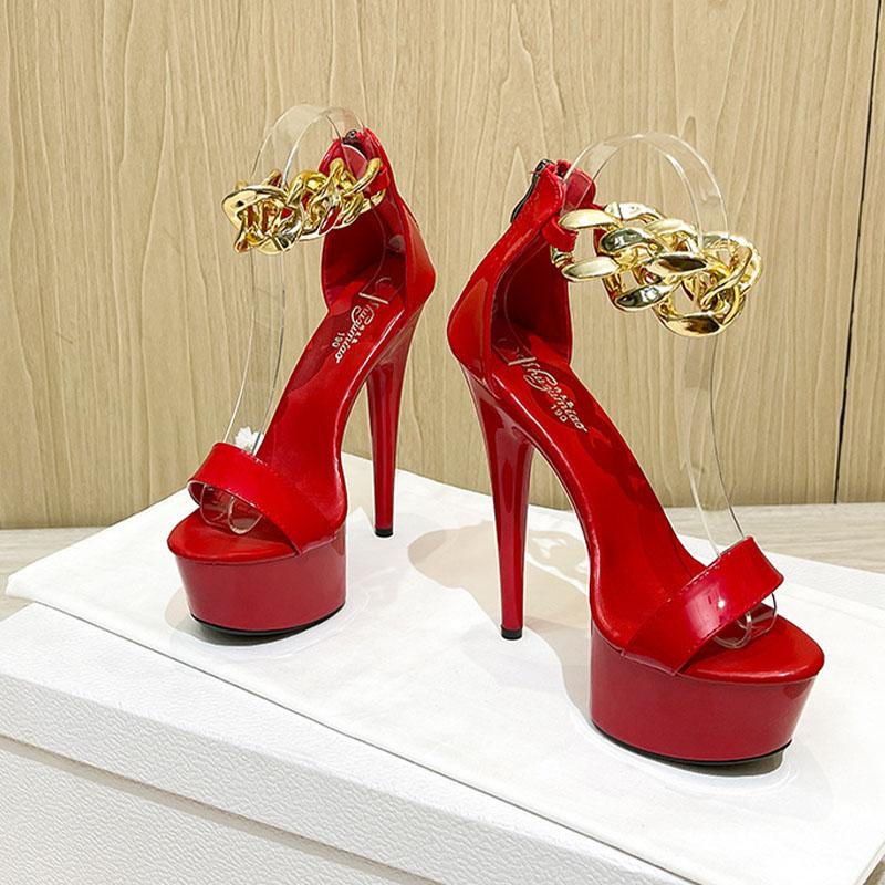 Damen-Sandalen mit dem Wort „New Summer Fashion Chain Net Red Sexy High Heels Stilettos 13 cm Heel 3 cm Platfrom LFD