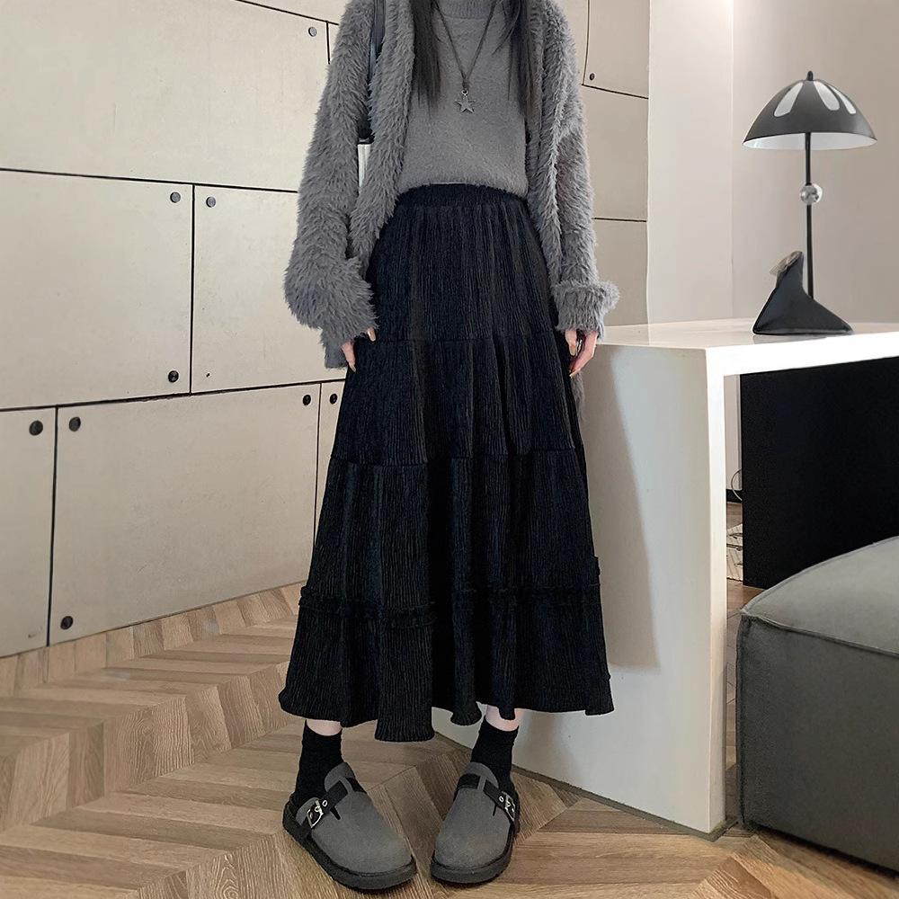 Korean Pleated Skirt Women Autumn Winter Corduroy Lace Trim High Waist Slimming A-Line Midi Flared Skirt
