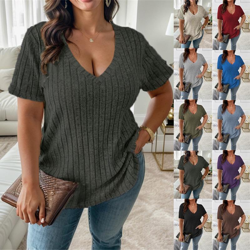 Spring Summer Women's Tops Solid Color V-neck Loose Pit Stripe Brushed Short Sleeved T Shirt