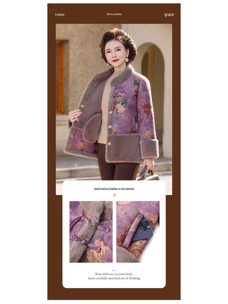 Velvet Plus Ancient Style Print Warm Jacket for Middle-Aged & Elderly Women - Winter Casual Wear