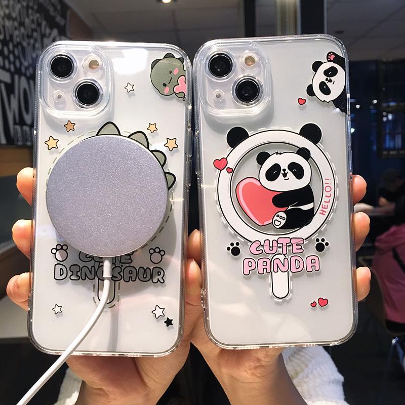 Cute Cartoon Panda Dinosaur Magsafe Phone Case For iPhone 16 Pro Max 15 13 12 11 14 Plus Wireless Charging Magnetic Clear Cover