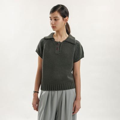 WEDNESDAY DELIGHT Wd_Short Sleeve Collar Knit Top_Charcoal