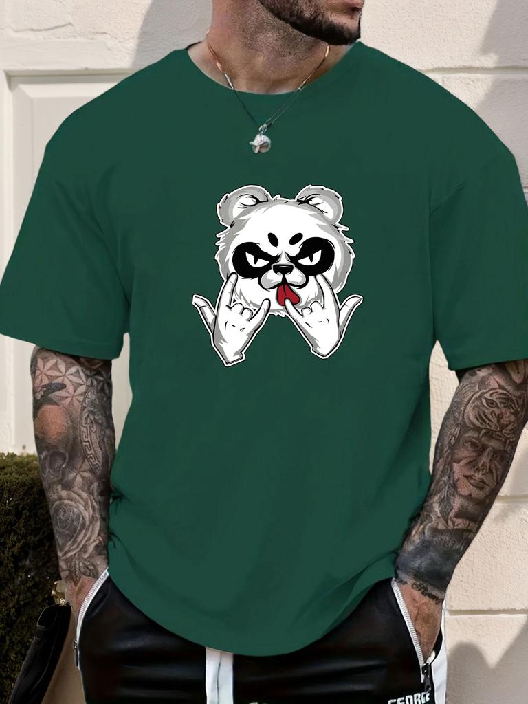 Mens Casual Tshirt Rock Panda Print Short Sleeve Round Neck Breathable Soft Oversized Edgy Trendy Daily Wear Tee