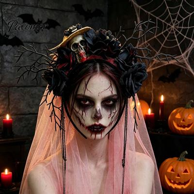 Halloween Horror Makeup Props Gothic Flower Headband with Veil, Spooky Black Rose Dead Branch Skull Headpiece, Hair Accessories Day of The Witch