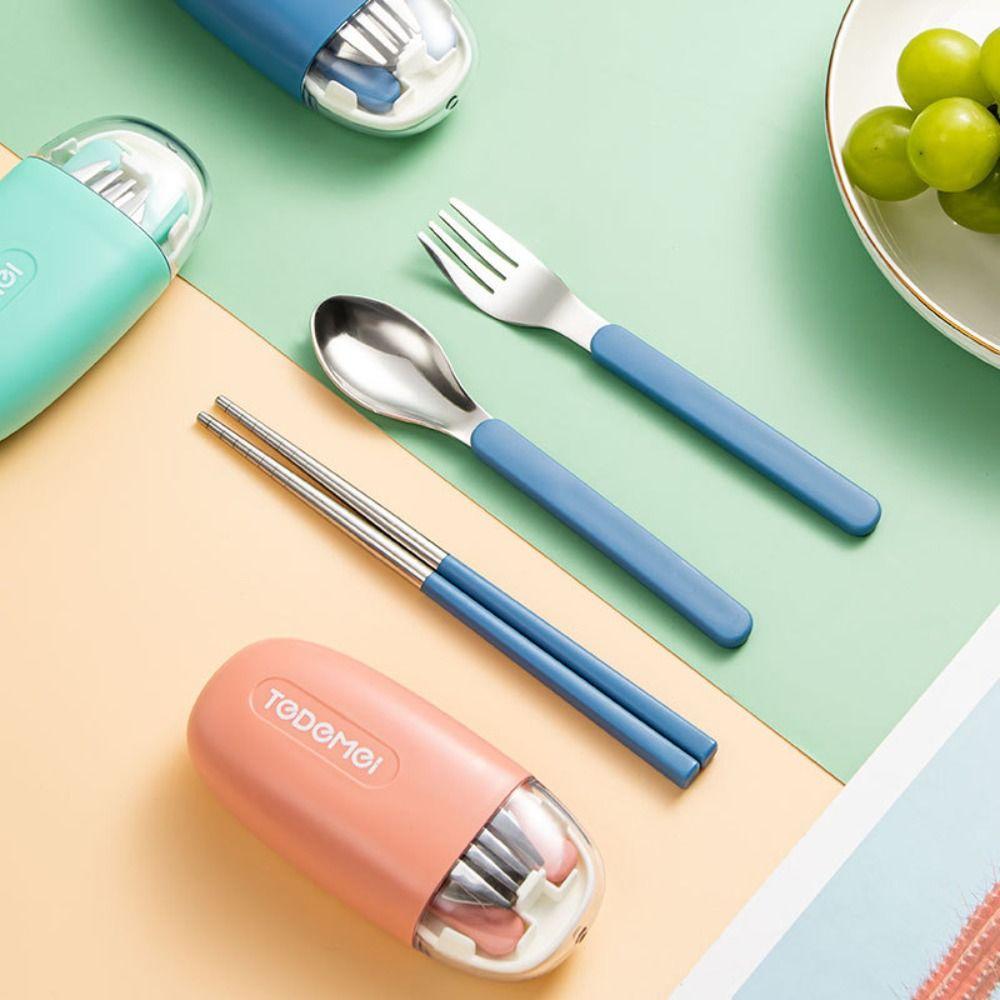 3Pcs/Set Stainless Steel Chopstick Fork Spoon Set Student Eating Tableware  For Outdoor Travel