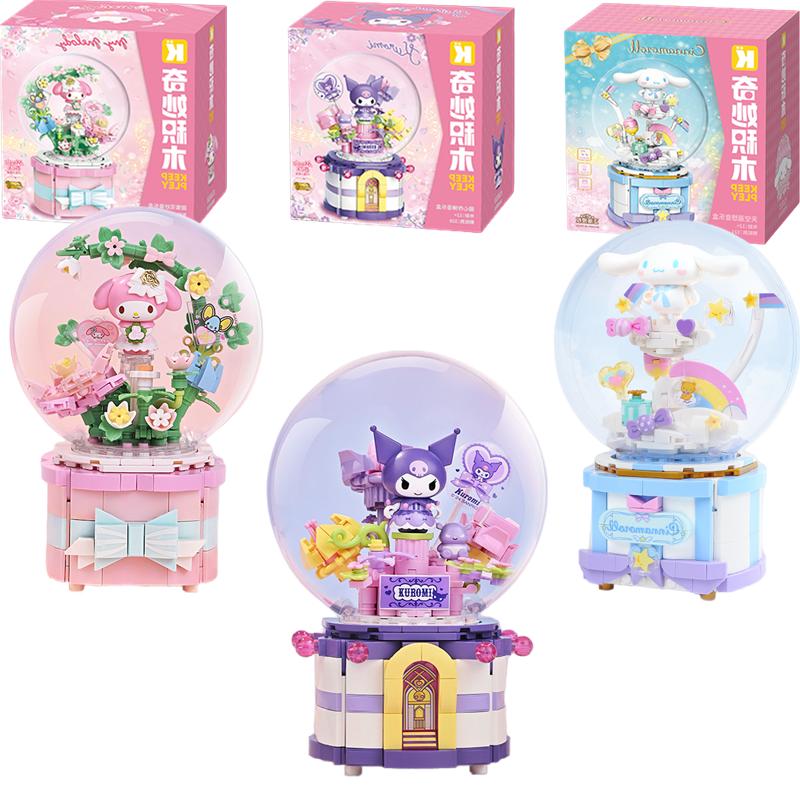 Keeppley Building Block My Melody Kuromi Cinnamoroll Action Figure Crystal Ball Music Box Toy Christma Gift