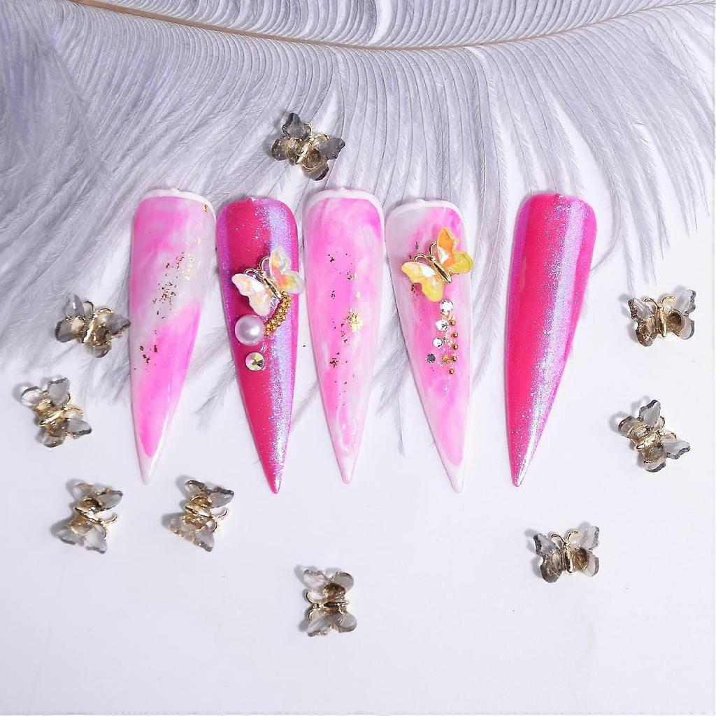 Transparent Gray Butterfly Nail Decoration 3D Manicure Butterfly Nails Rhinestone Diamond Glitter Summer Novel Design Acrylic Butterfly Nails 10 Piece