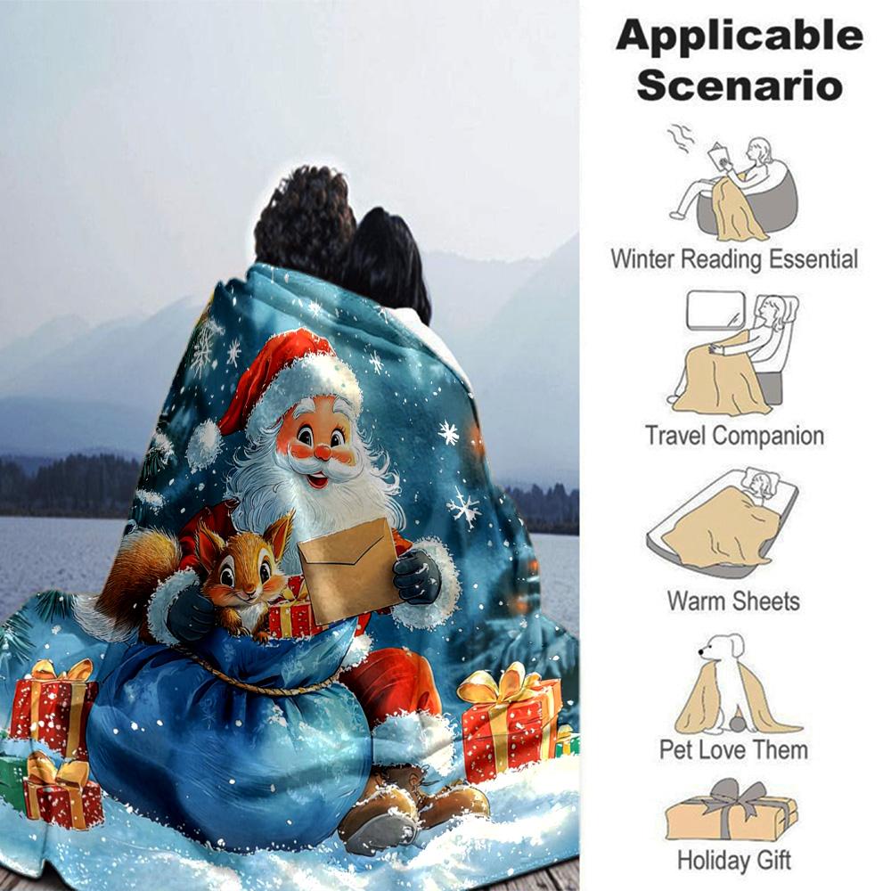 Christmas Santa Squirrel Gift Print Flannel Throw Blanket, Soft Warm Cozy Bed Sofa Cover for Home Decor