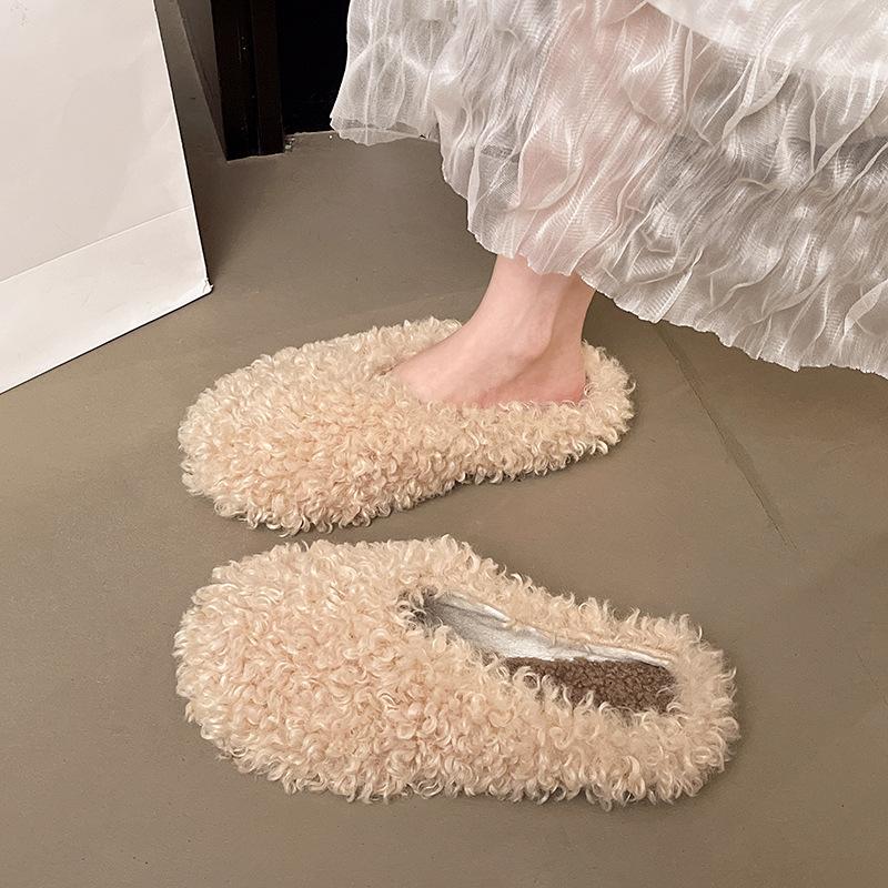 Baotou lamb wool slippers women's autumn and winter wear 2025 new thick-bottomed muffin Internet celebrity piled cotton slippers