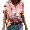 Summer V-neck 3D Feather Flower Printed Top Fashionable Casual Short Sleeved Women's T-shirts