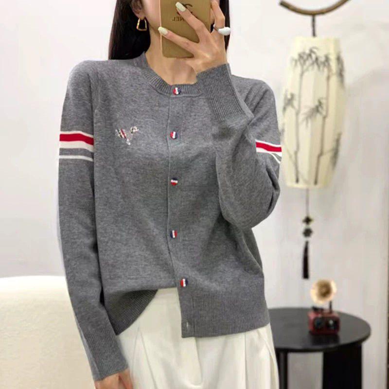 Women's Korean Style Embroidered Color Block Striped Sweater Cardigan