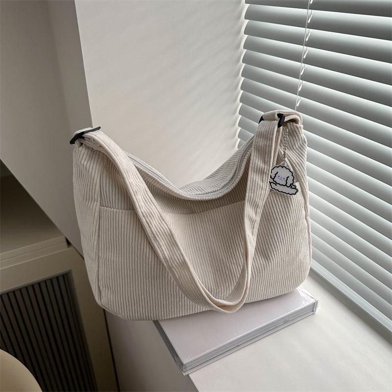 Damen Cord Schultertasche Vintage Gestreift Große Kapazität Tragetasche mit Reißverschluss Modische Umhängetasche für den täglichen Gebrauch