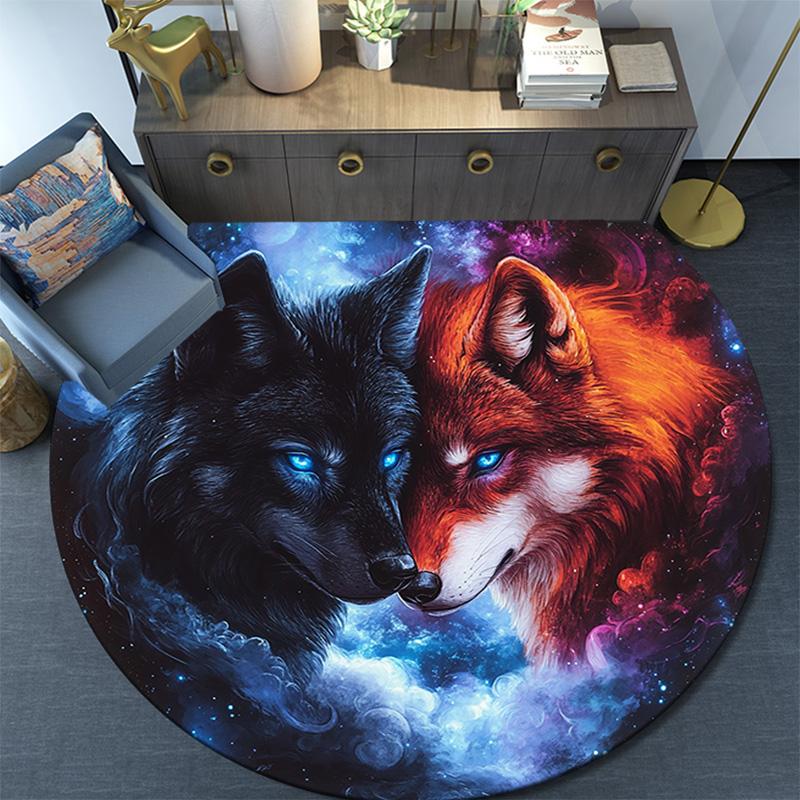 Fire and Ice Wolf Round Area Rug,Carpet Rug for Living Room Bedroom Sofa Playroom Decor,Non-slip Floor Mat