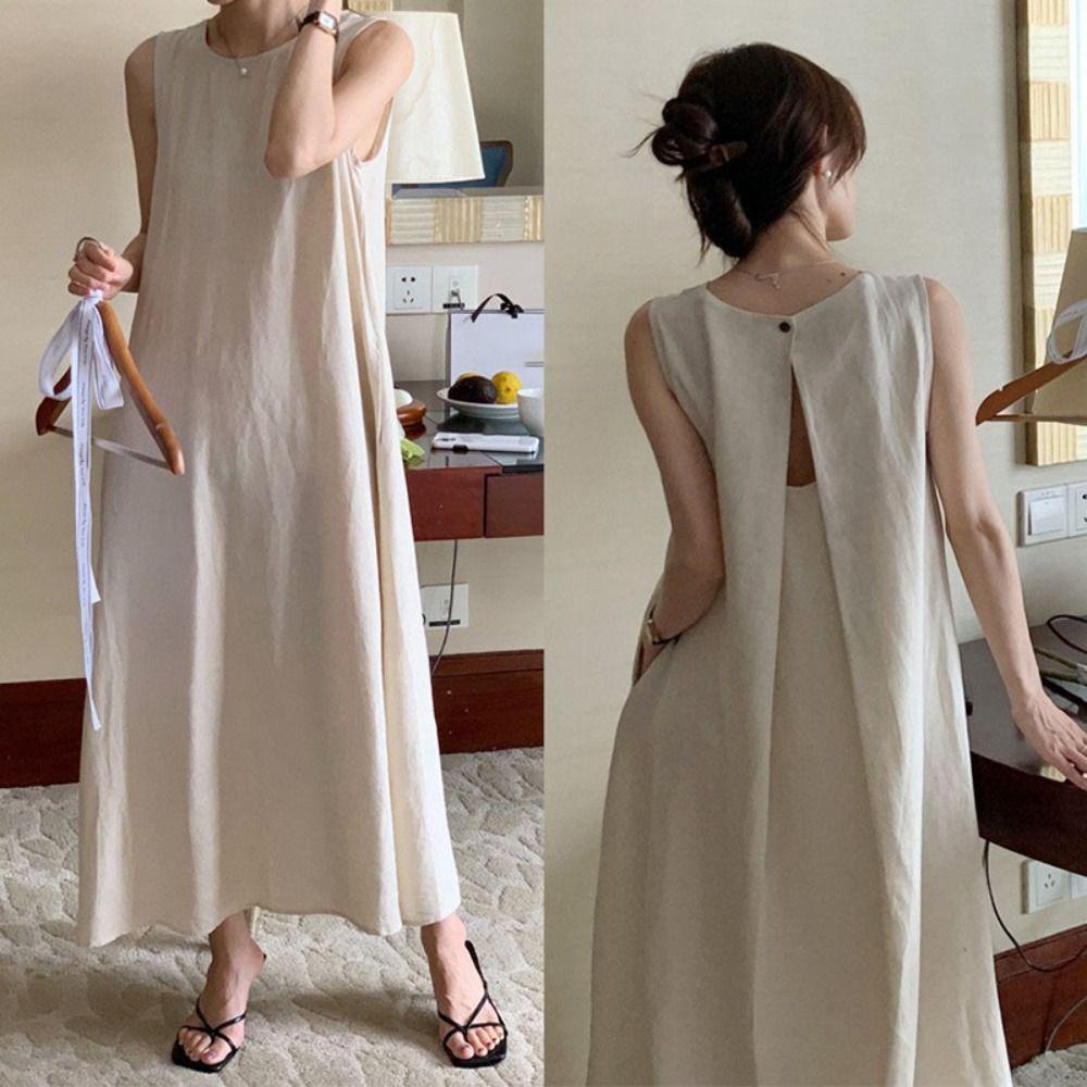 Solid Summer Sleeveless Dress Round Neck Open Back Long Dress Vocation Vest Dresses Students