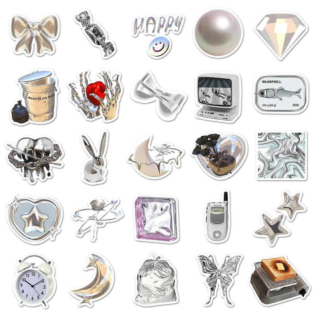 50 silver-toned, Instagram-worthy doodle-style stickers for journaling, DIY phone cases, and luggage.