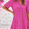 Summer Casual Dress Women V Neck Hollow Eyelet Short Sleeve Midi Sundress Tiered Flowy A Line Beach Dress