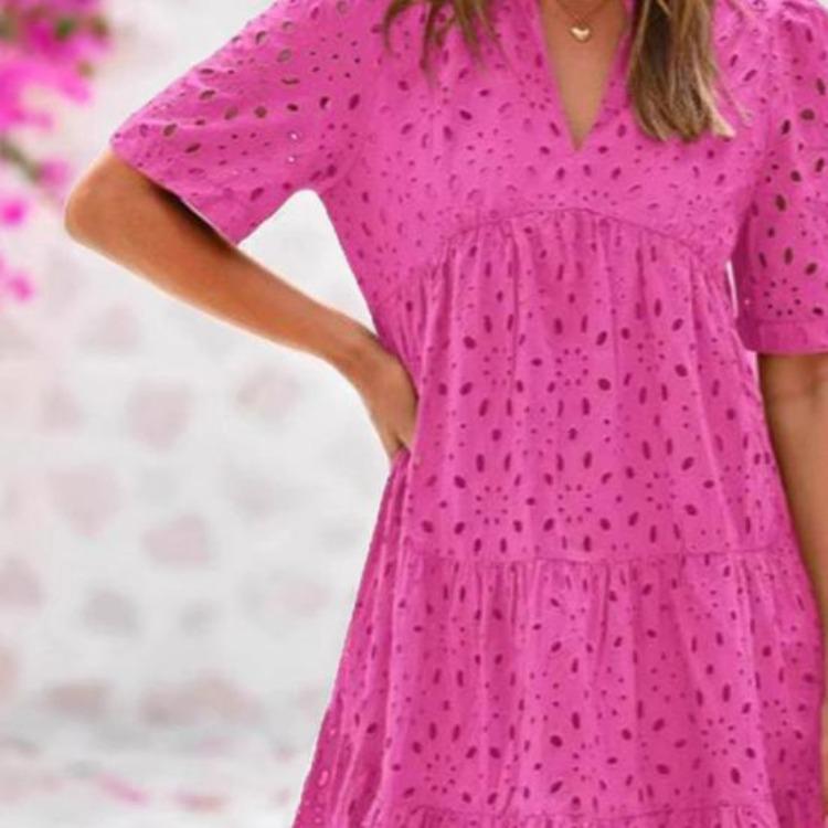 Summer Casual Dress Women V Neck Hollow Eyelet Short Sleeve Midi Sundress Tiered Flowy A Line Beach Dress