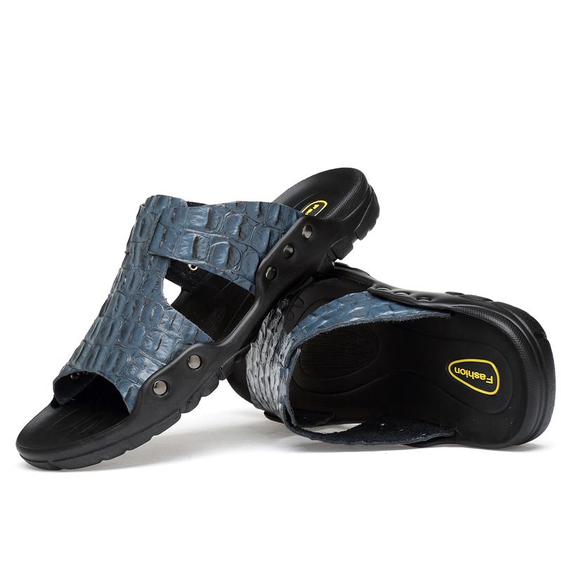 Fashion Summer Beach Sandals Plus Size Embossed Crocodile Pattern Leather Surface Men's Slippers Flat Strap Casual Shoes