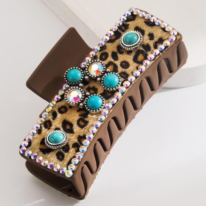 Vintage Leopard Print Leather Hair Claw Clip With Rhinestone Turquoise Accents Women Updo Styling Dark Coffee