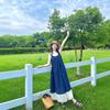 Blue Plaid Summer Sleeveless Dress French Literary Style Mori Retro Small Fresh Holiday Suspender Vest Long Dress