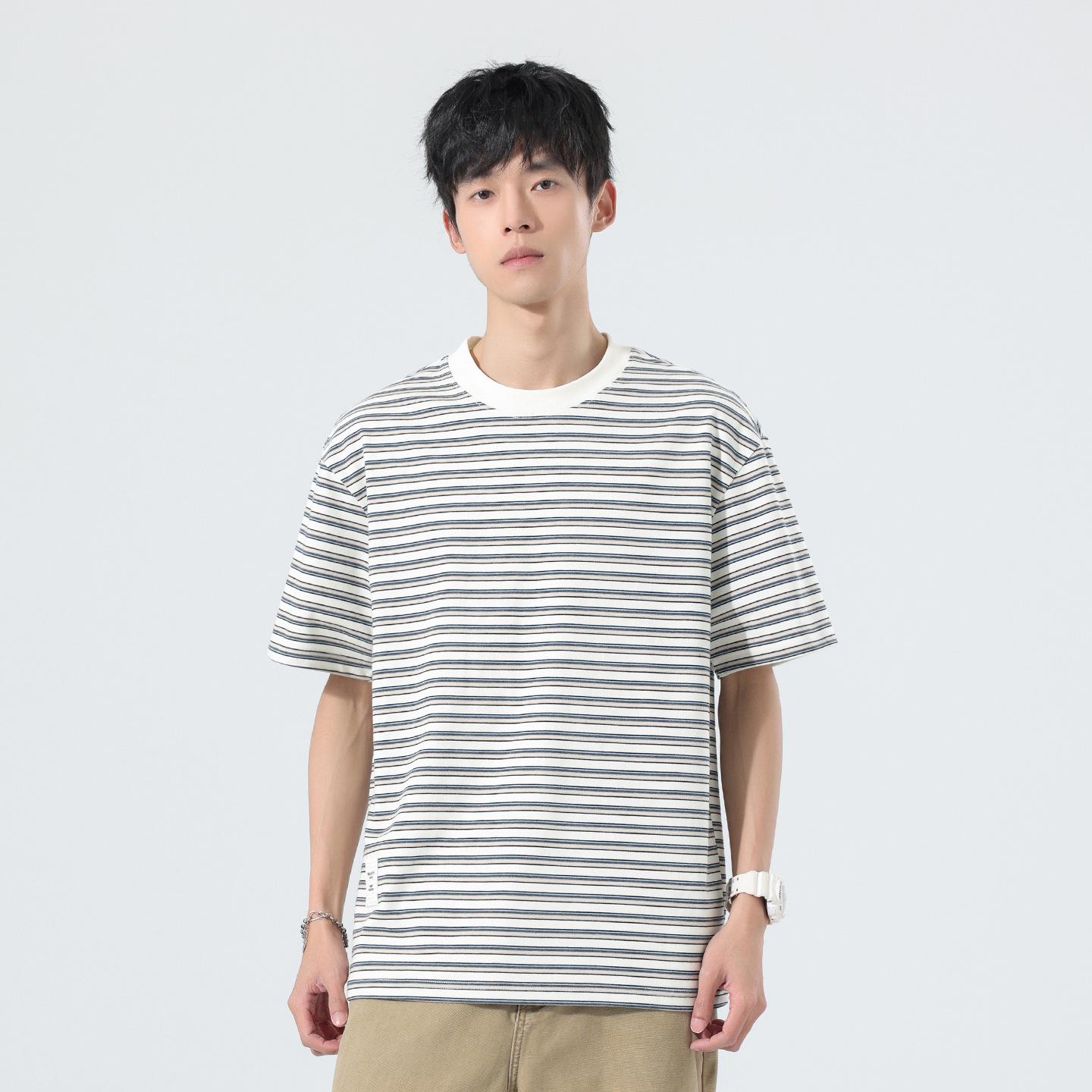 

Men s Striped Round Neck Heavyweight Short Sleeve T-shirt - Summer Collection, Unisex T-shirt L абрикосовый/белый