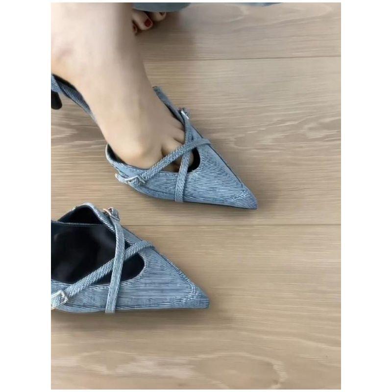 One-word buckle with bag head fashion women's sandals summer pointed thin heel denim high heels 2025 new niche temperament