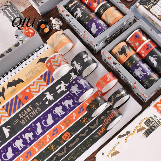 Holiday Themed Washi Tape 8 Rolls Halloween Tape, Spooky Bat Witch Cat Pattern Decorative Lightweight for Junk Journaling Supplies, Scrapbooking, DIY