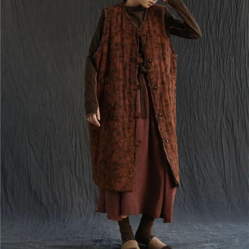 Johnature Women Vintage Print Floral Long Vests Coats V-Neck Spring Button Chinese Style Pockets Women Vests Coats